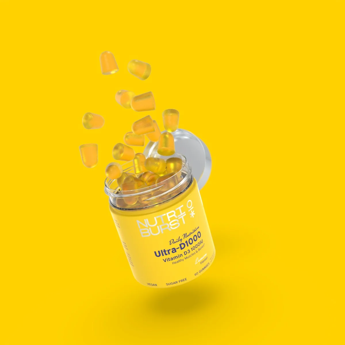 Nutriburst Ultra‑D1000 gummies s vitamínom D3 + K2 (MK‑7), vegánske, bez pridaného cukru, príchuť citrón 60 ks