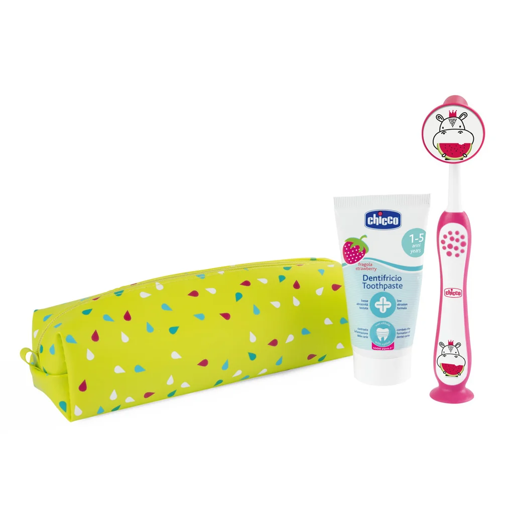 CHICCO Set zubná kefka a pasta v puzdre - Hippo, 3r+ 1×1 ks, zubná kefka a pasta v púzdre
