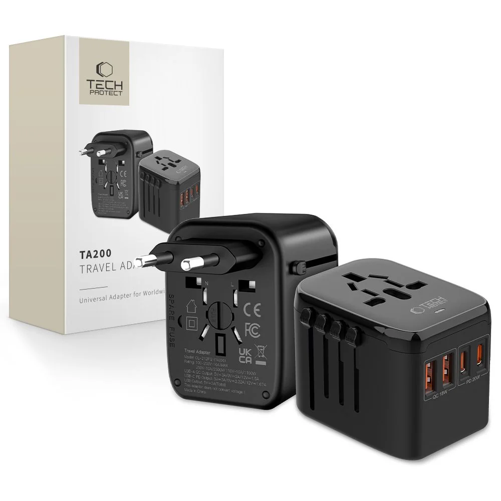 Tech-Protect TA200 cestovný adaptér EU / UK / US / AU, čierny