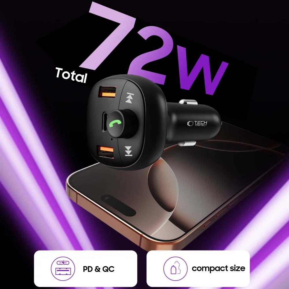 Tech-Protect CC06 Bluetooth FM Transmitter autonabíjačka 2x USB / USB-C 72W, čierna C 72W, čierna