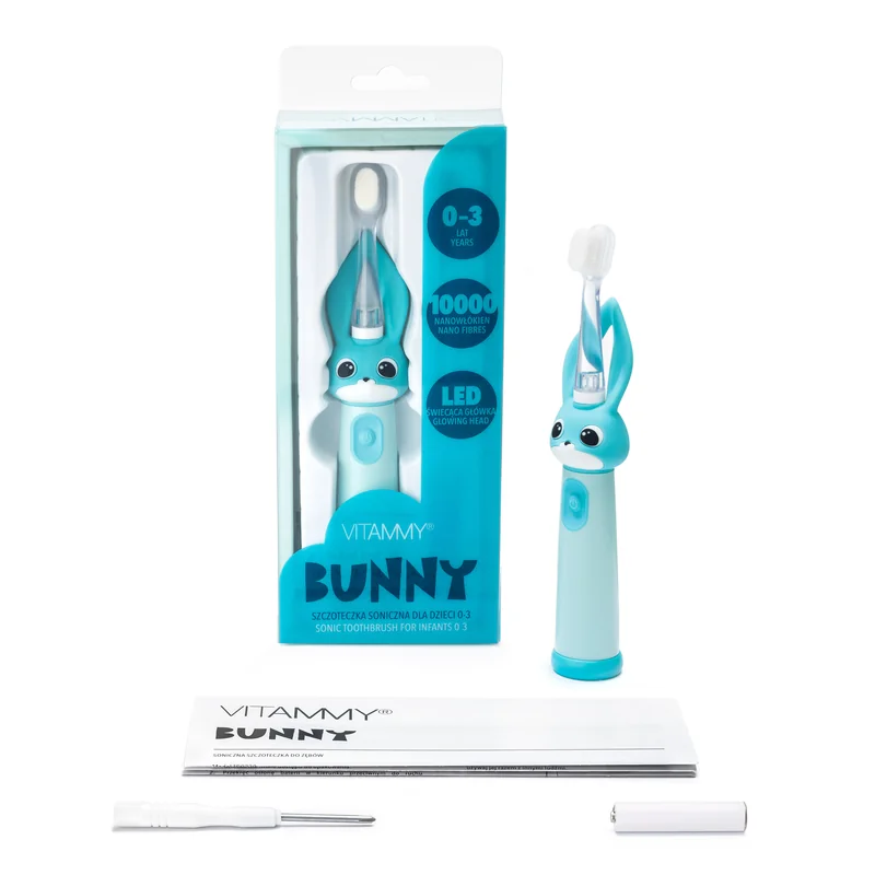 VITAMMY Bunny Sonická zubná kefka pre deti s LED svetlom a nanovláknami, 0-3 roky 1×1 ks, sonická zubná kefka, blankyt