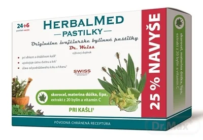 HERBALMED PASTILKY pri kašli - Dr.Weiss 1×30 ks, (skorocel, mat.dúš, lipa, 20 bylín, vit.C) pastilky (24+6 navyše)