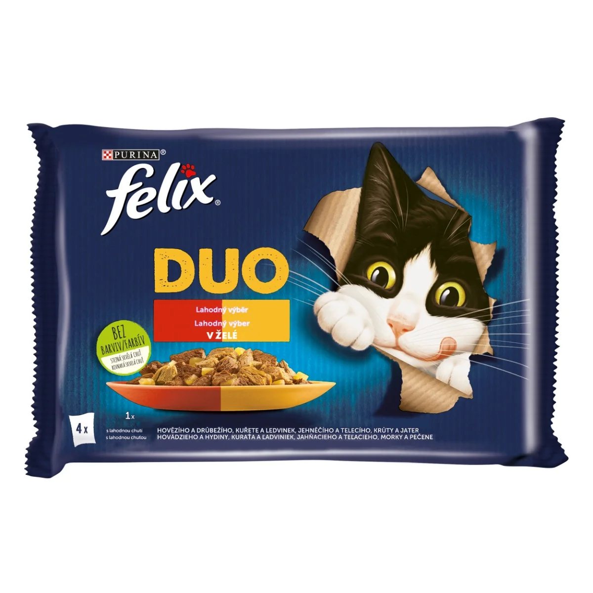 Felix Fantastic DUO kapsičky pre mačky kura a obličky, hovädzie a hydinové, morka a pečeň, jahňacie a teľacie 4×85 g 4×85 g, kapsičky pre mačky