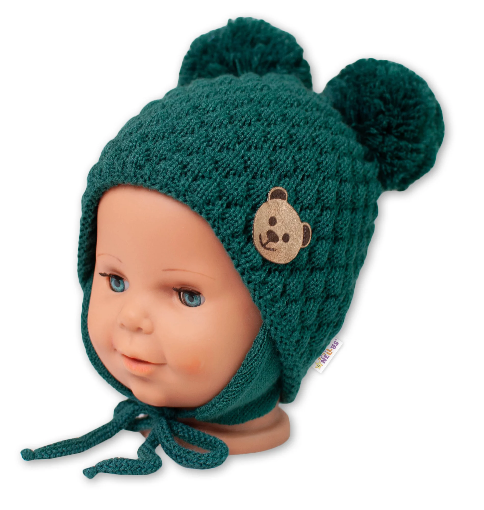 BABY NELLYS Zimná pletená čiapka Teddy Bear na zaväzovanie, zelená, 68/80, (6-12m)