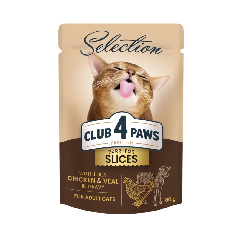 CLUB 4 PAWS Premium Plus plátky s kuracím a teľacím mäsom v omáčke 80g (8018)