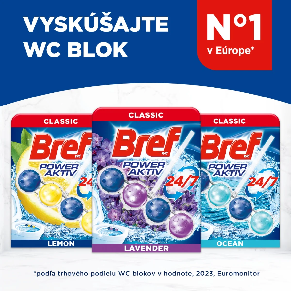 Bref Power Aktiv tuhý WC blok Lavender 3×50 g, WC blok