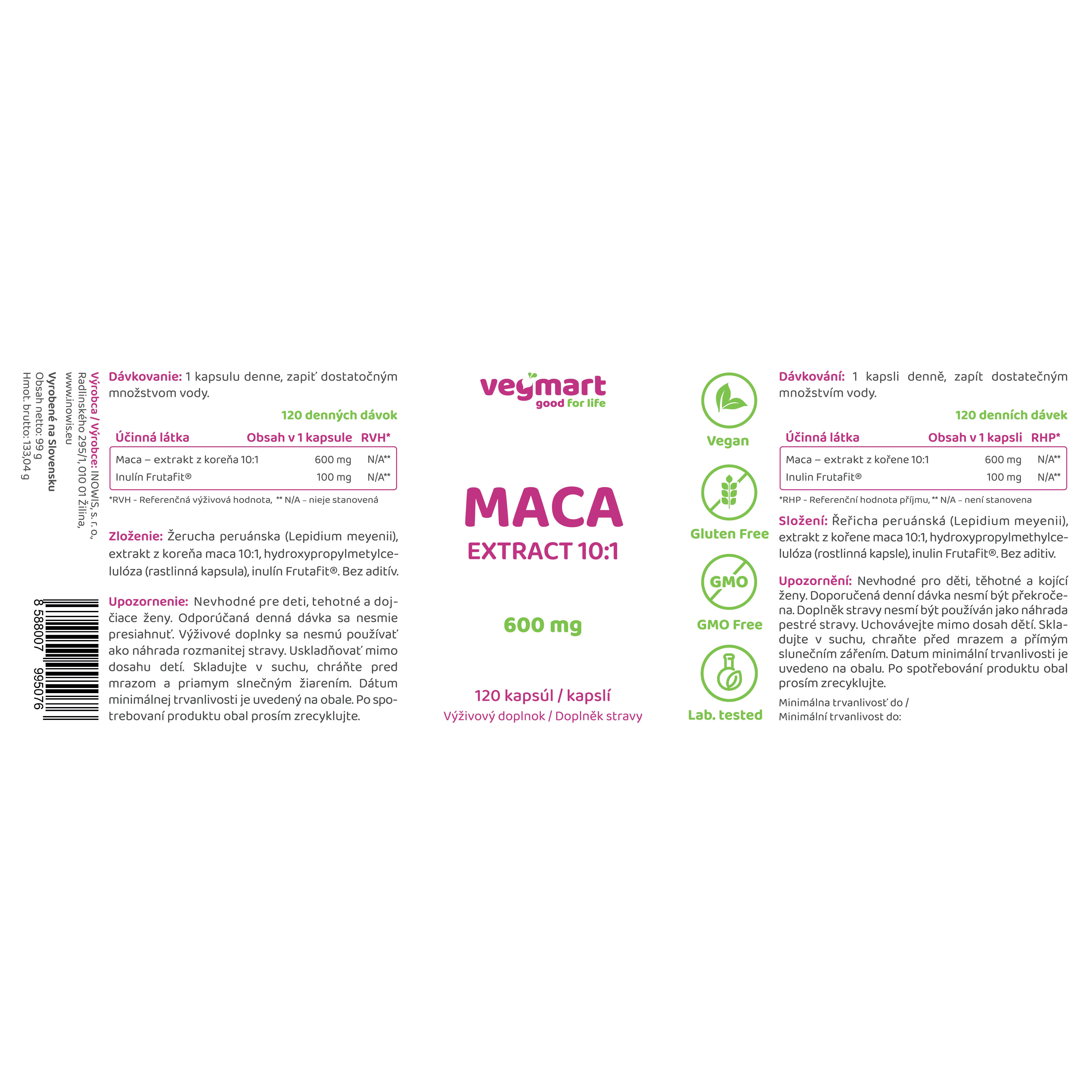 Vegmart Maca 600 mg, 120 kapsúl