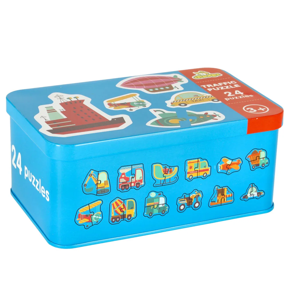Puzzle pre deti v plechovej krabičke, 24 dielikov, dopravné prostiedky