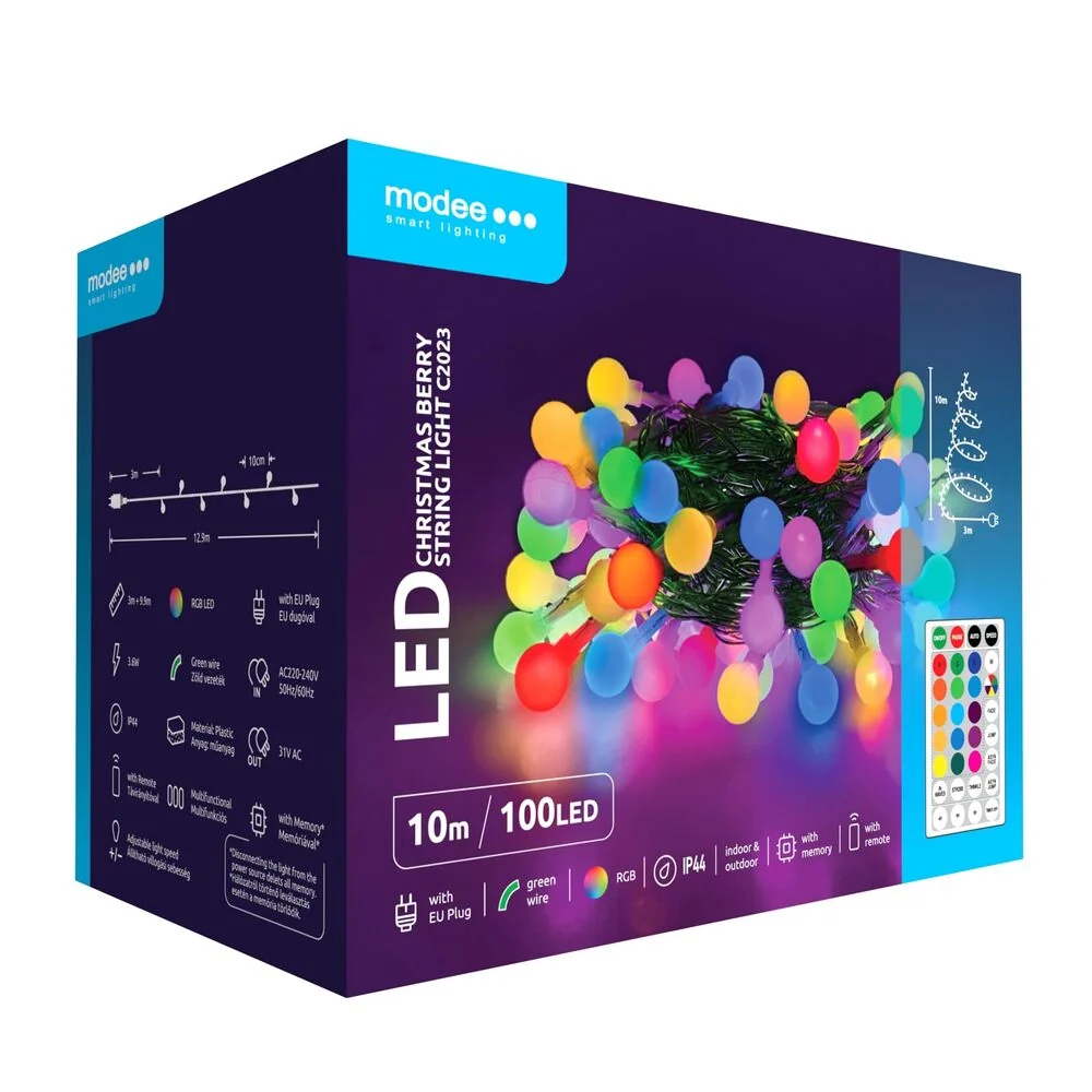 Modee Lighting LED vianočná reťaz 100 LED 10m multicolor bobule + diaľkové