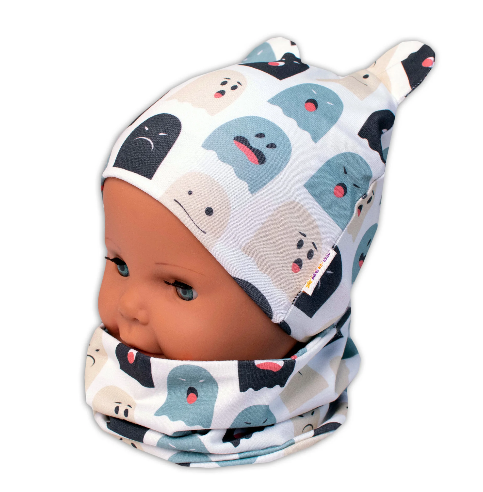 Baby Nellys Dvojvrstvová čiapka s uškami + komínček Príšerky, biela/mátová, veľ. 80/92
