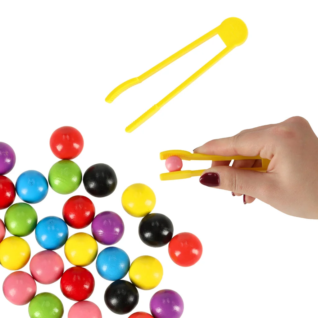 Montessori triedenie – farebné guličky, pinzeta, skúmavka + karty (48 vzorov)