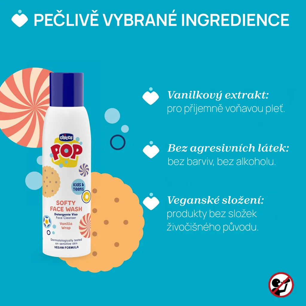CHICCO Jemný čistiaci gél na tvár POP Softy Vanilla s peniacim dávkovačom 150 ml