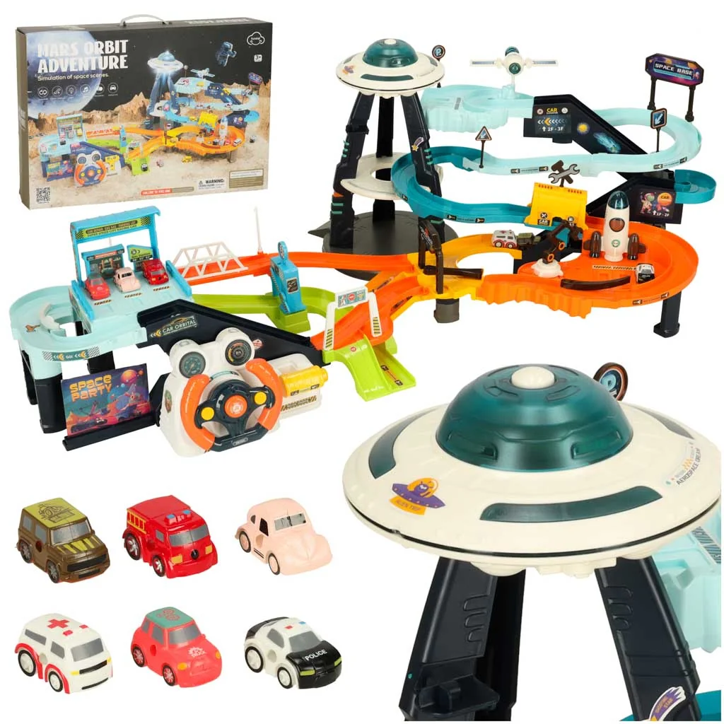 Interaktívna viacúrovňová autodráha s volantom + 6 áut, UFO veža