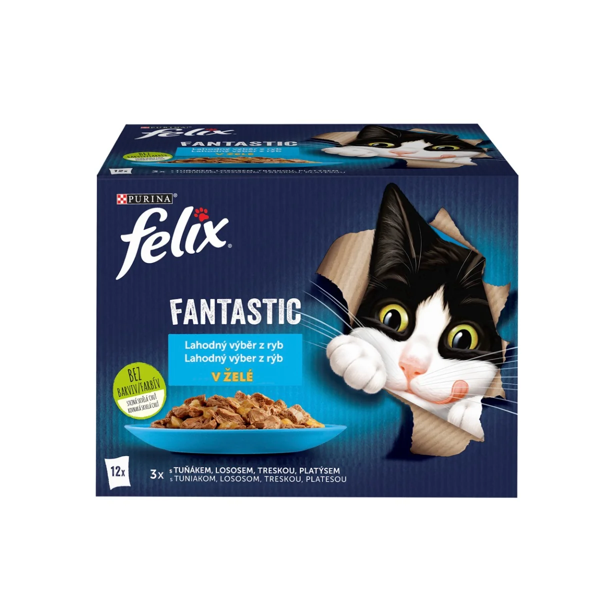 Felix Fantastic kapsičky pre mačky losos, platesa, tuniak, treska v želé 12×85 g 12×85 g, kapsičky pre mačky