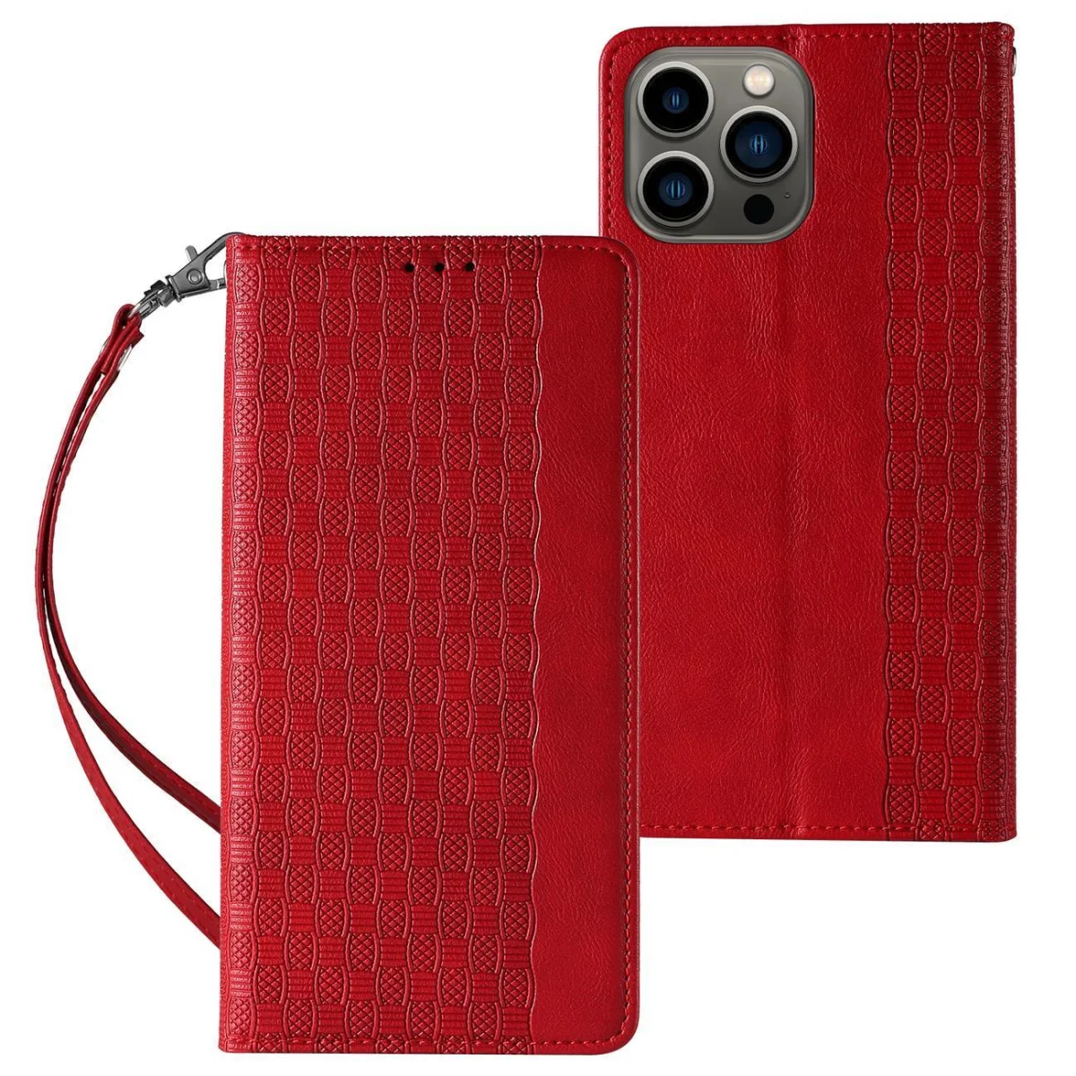 MG Magnet Strap knižkové kožené puzdro na iPhone 13 Pro, červené