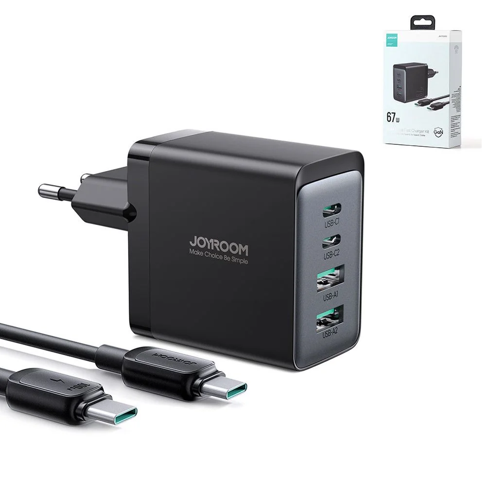 Joyroom TCG02 GaN sieťová nabíjačka 2x USB / 2x USB-C 67W + kábel USB-C, čierna C, čierna