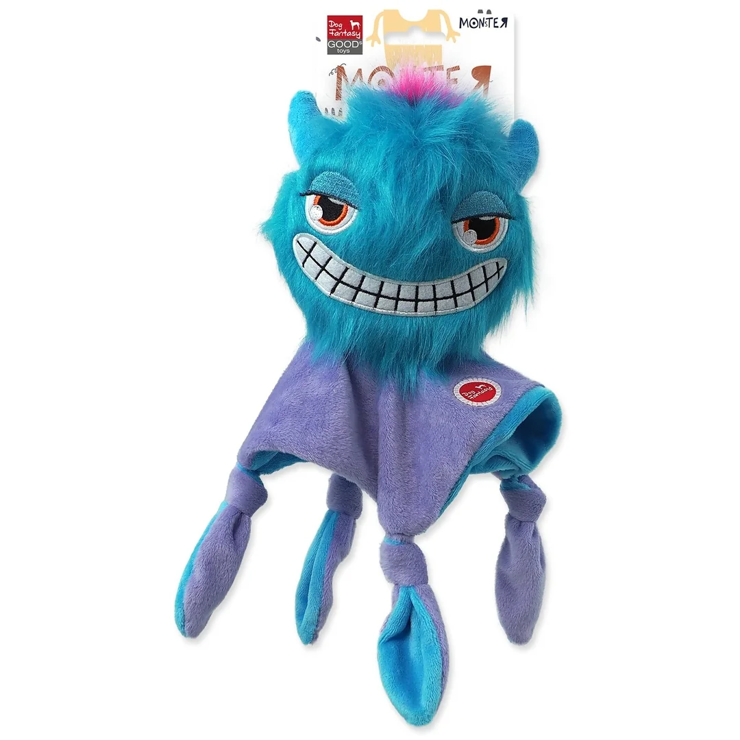 Hračka Dog Fantasy Monsters strašidlo pískacie chlpaté modré s dečkou 28cm