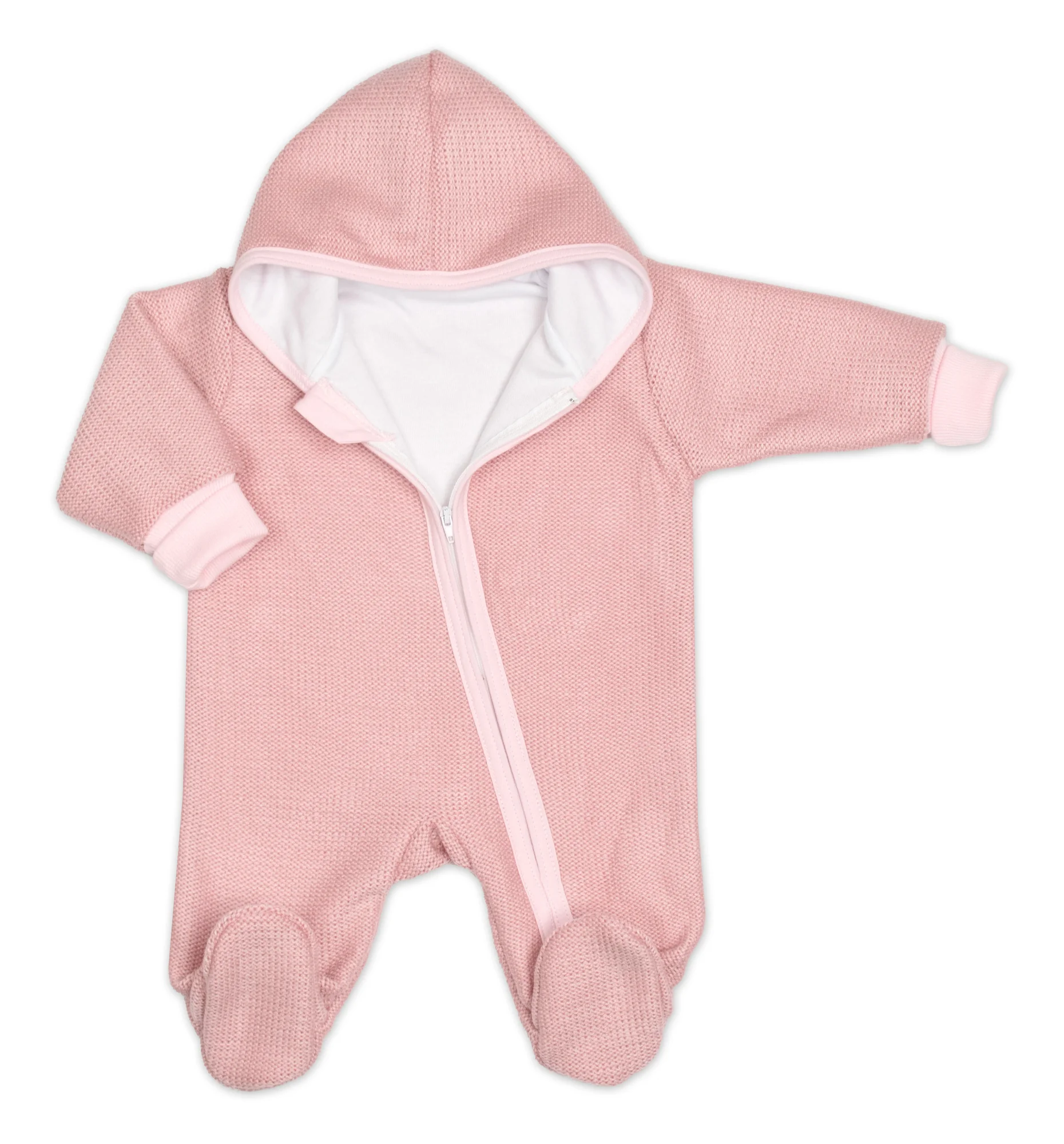 Pletený overal s kapucňou, CUTE - púdrovo růžová, veľ. 62