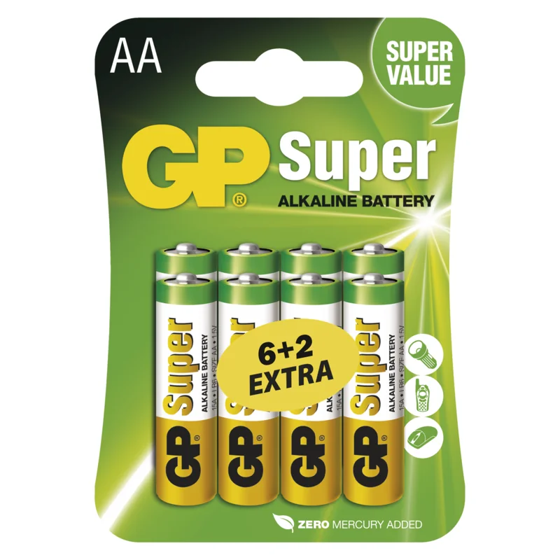 GP alkalická batéria SUPER AA (LR6) 1×8 ks, batérie