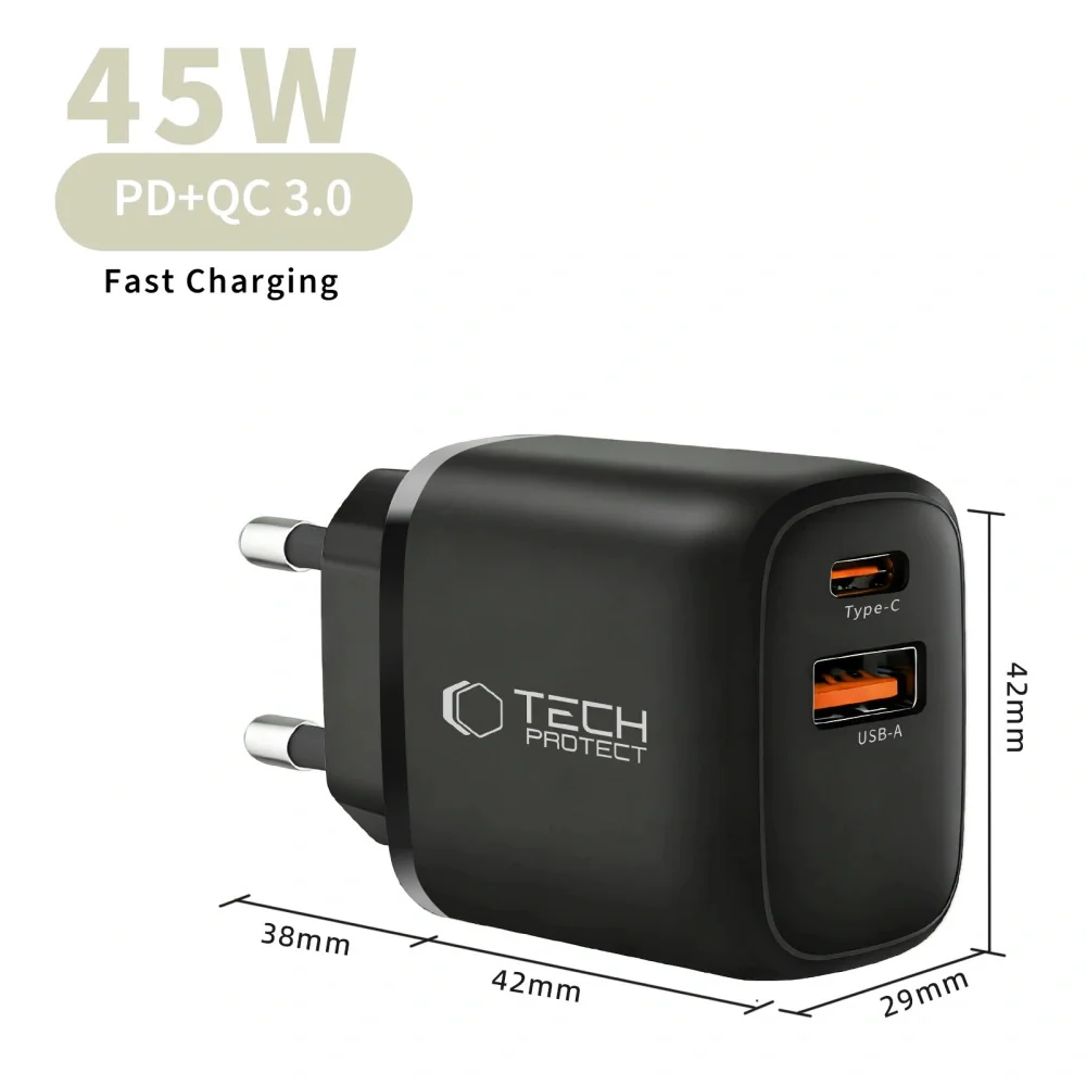 Tech-Protect NCA45W GaN sieťová nabíjačka USB / USB-C 45W PD QC, čierna a
