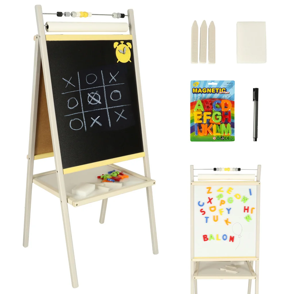 Drevená tabuľa 2v1 s počítadlom a rolkou papiera – 45 × 40 × 100 cm