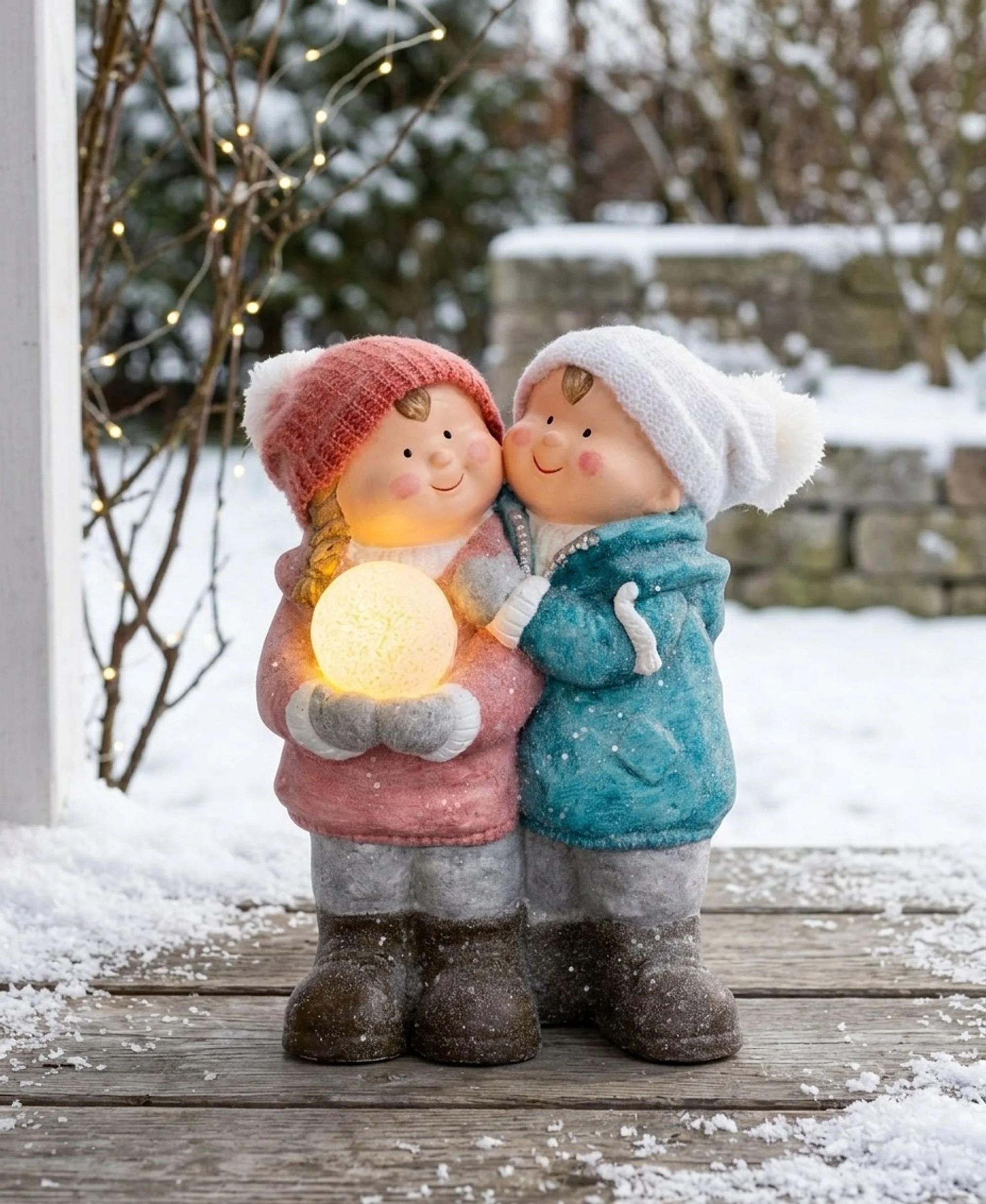 MagicHome vianočná LED postavička chlapček a dievčatko so snehovou guľou, 1 ks 1 LED, keramika, 27,5x23x40 cm
