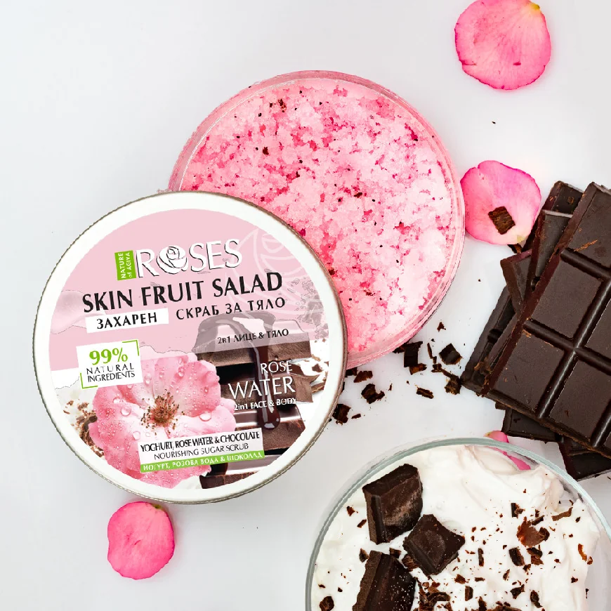 2v1 Cukrový peeling jogurt, ružová voda a čokoláda FRUIT SALAD 200 ml - NATURE OF AGIVA