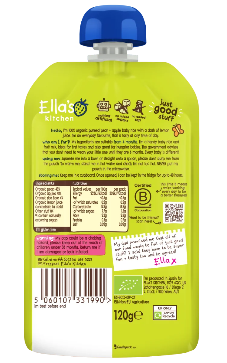 Ella's Kitchen BIO Detská ryža, hruška a jablko 1×120 g, detská výživa