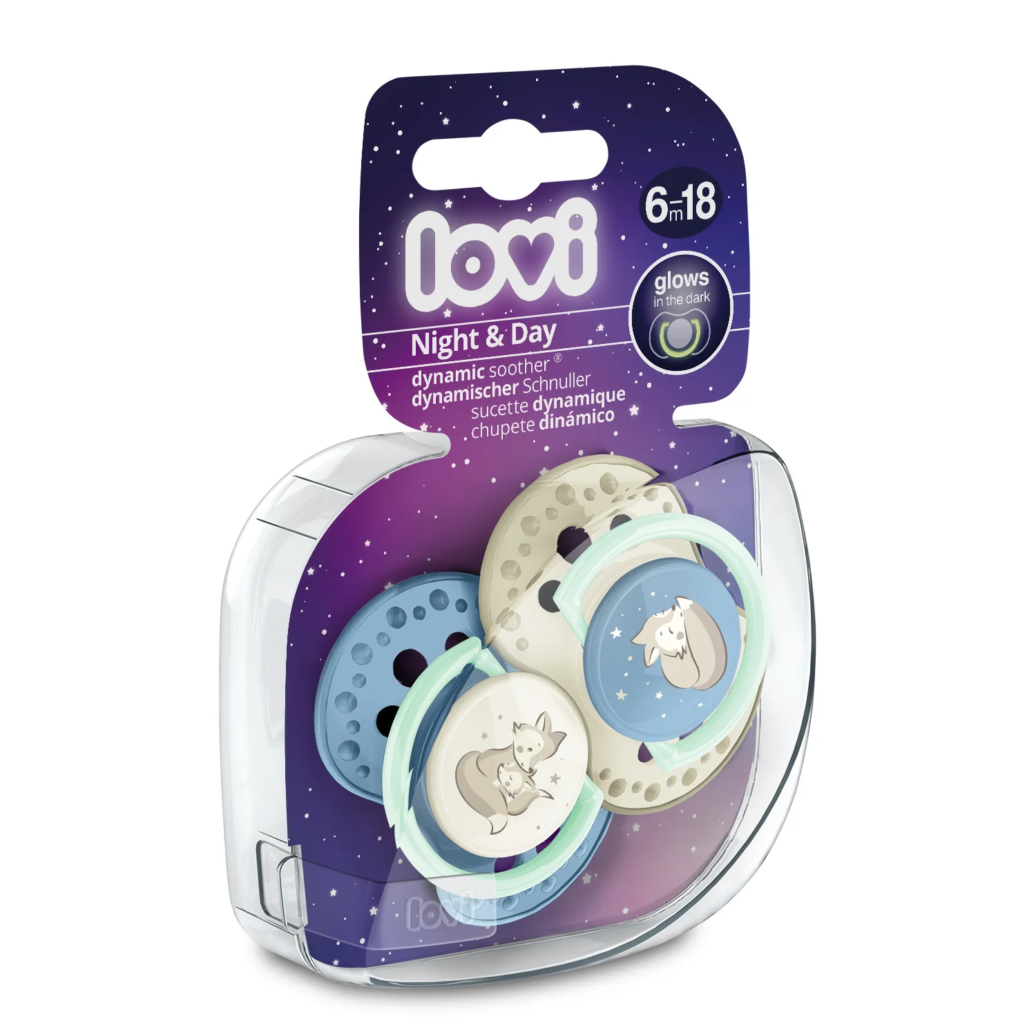 LOVI Dynamický utišujúci cumlík 6-18m Night&Day boy 1×2 ks, utišujúci cumlík
