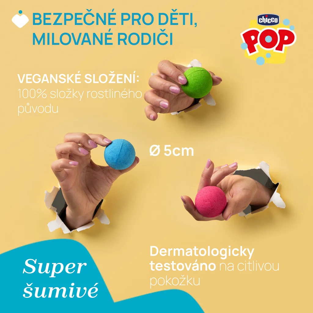 CHICCO Šumivé kúpeľové bomby POP pre deti a teenagerov 1x3 ks