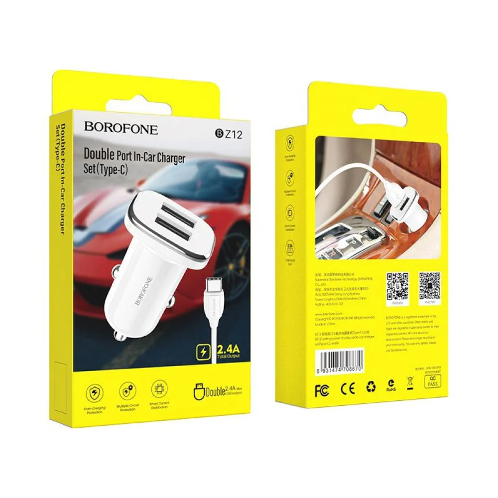 Nabíjačka do auta s káblom - 2x USB - Biela 