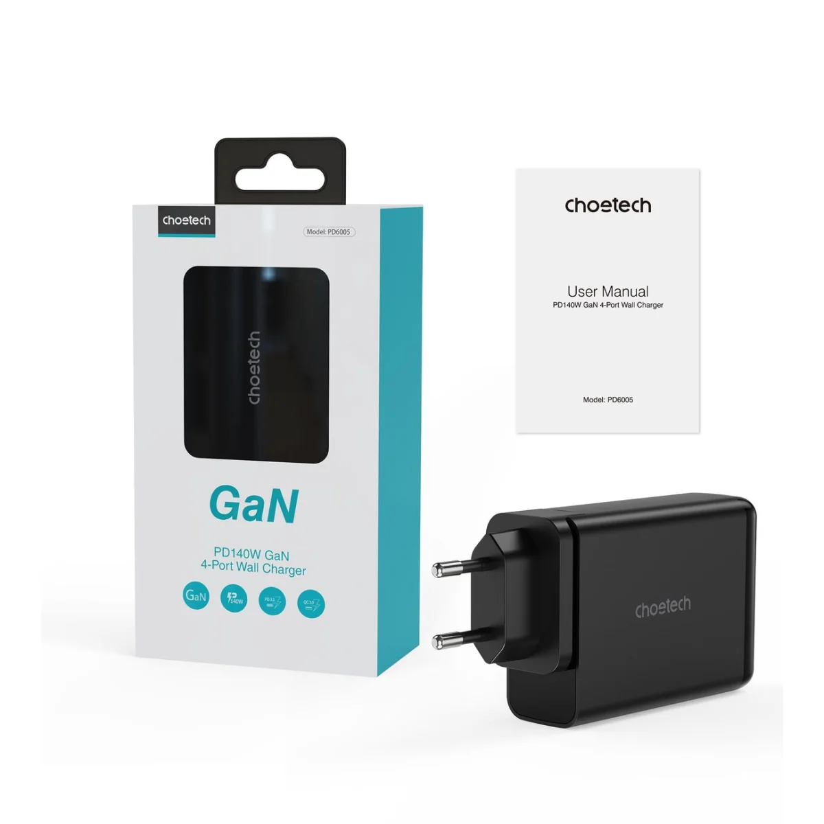 Choetech GaN sieťová nabíjačka 2x USB-C / 2x USB 140W, čierna