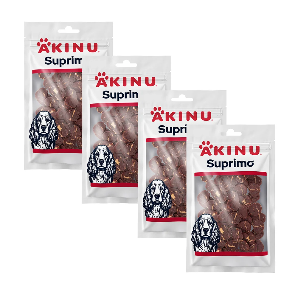 Akinu SUPRIMO Hovädzie mäso s kuracími chrupavkami mini steaky pre psov 75 g MTP 4 ks