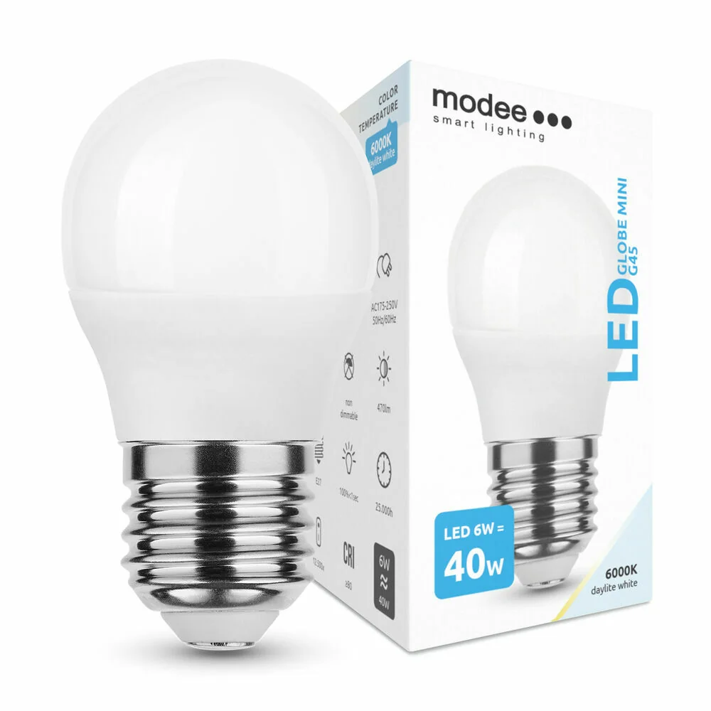 Modee LED žiarovka Globe Mini G45 6W E27 studená biela 