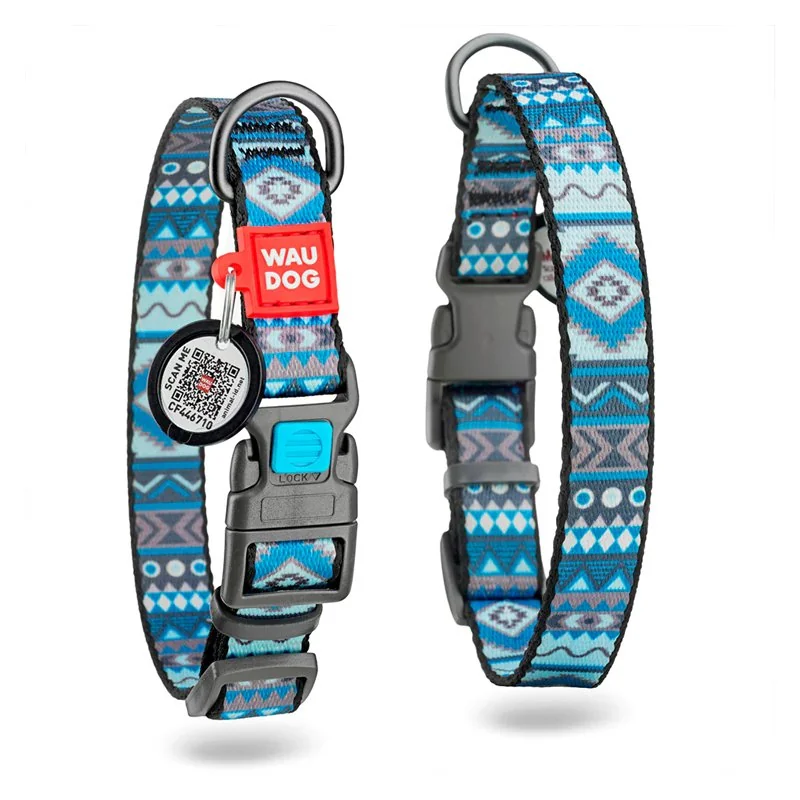 Nylonový obojok s QR kódom ETHNO blue, Varianta: L