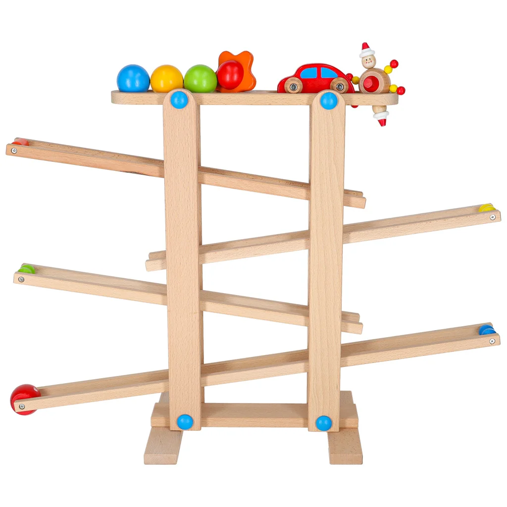 Drevená guľôčková dráha Montessori XXL – loptičky a autíčko