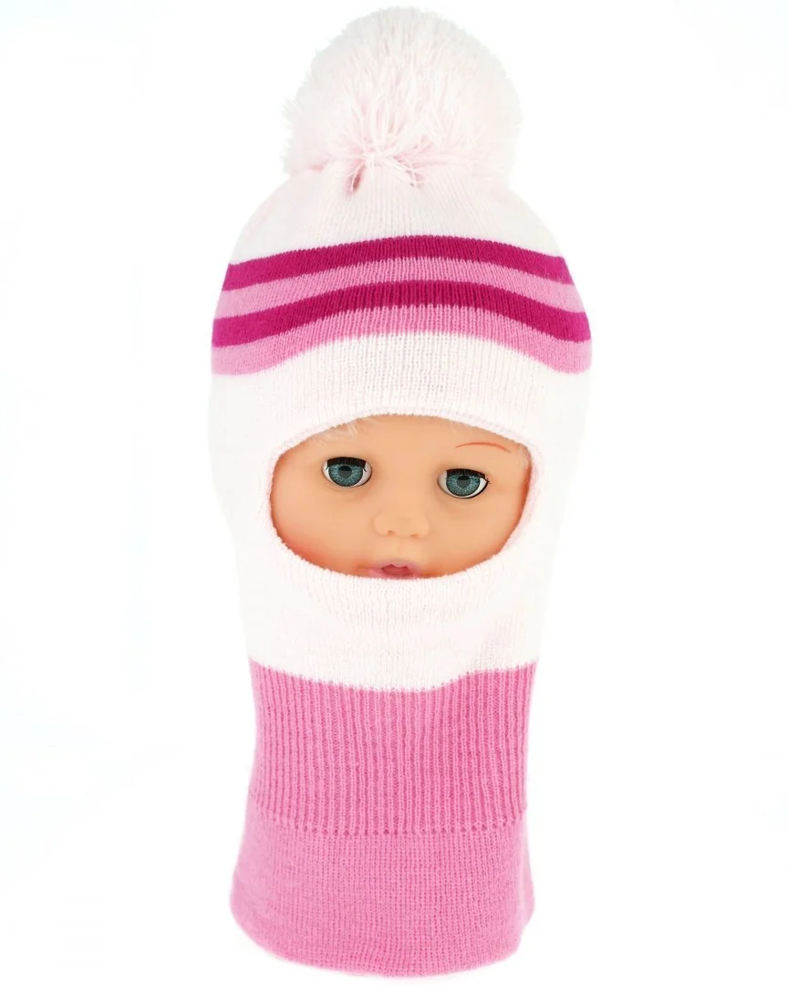 BABY NELLYS Zimní čepička / kukla s bambuli - sv. růžová s proužky