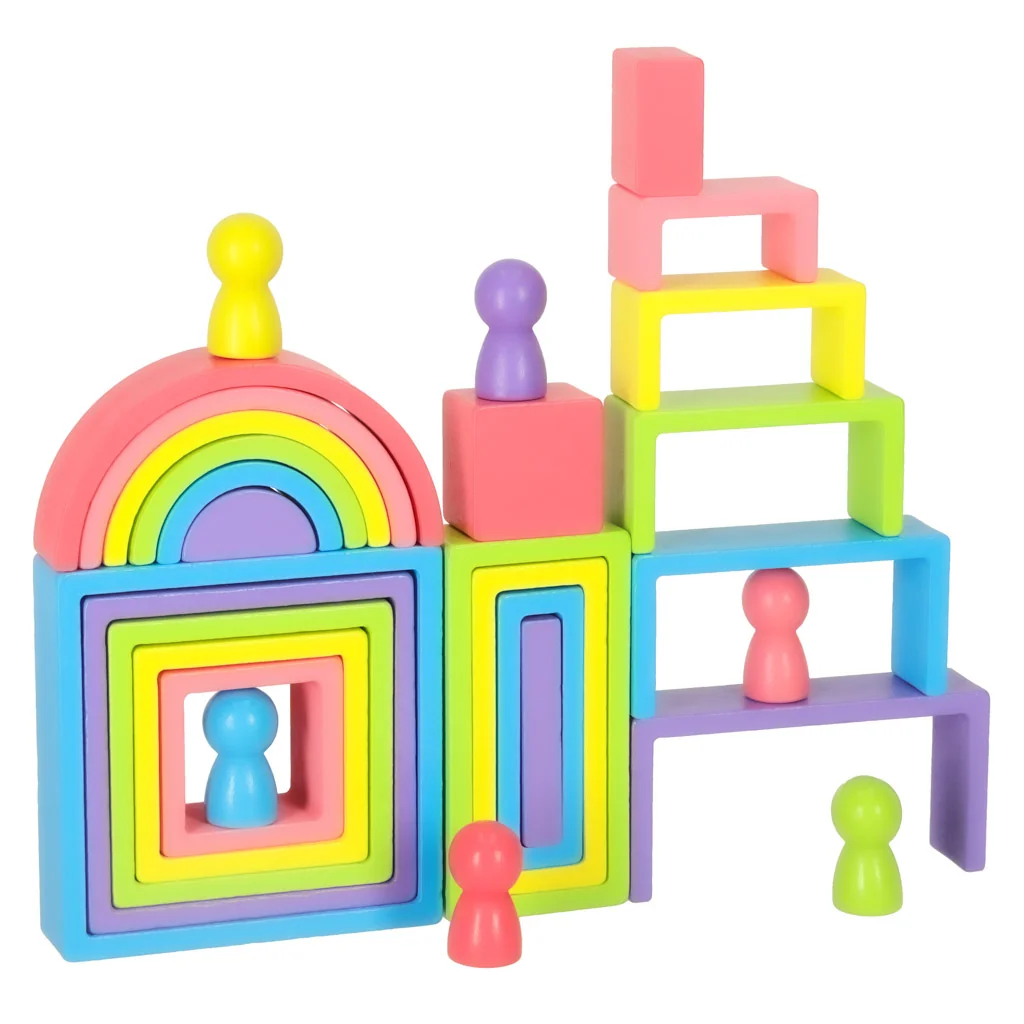 Montessori drevené dúhové puzzle – sada blokov a figúrok