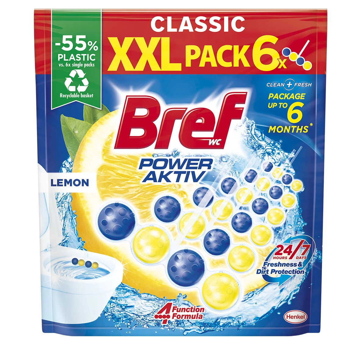 Bref Power Aktiv tuhý WC blok Lemon 6×50 g, WC blok