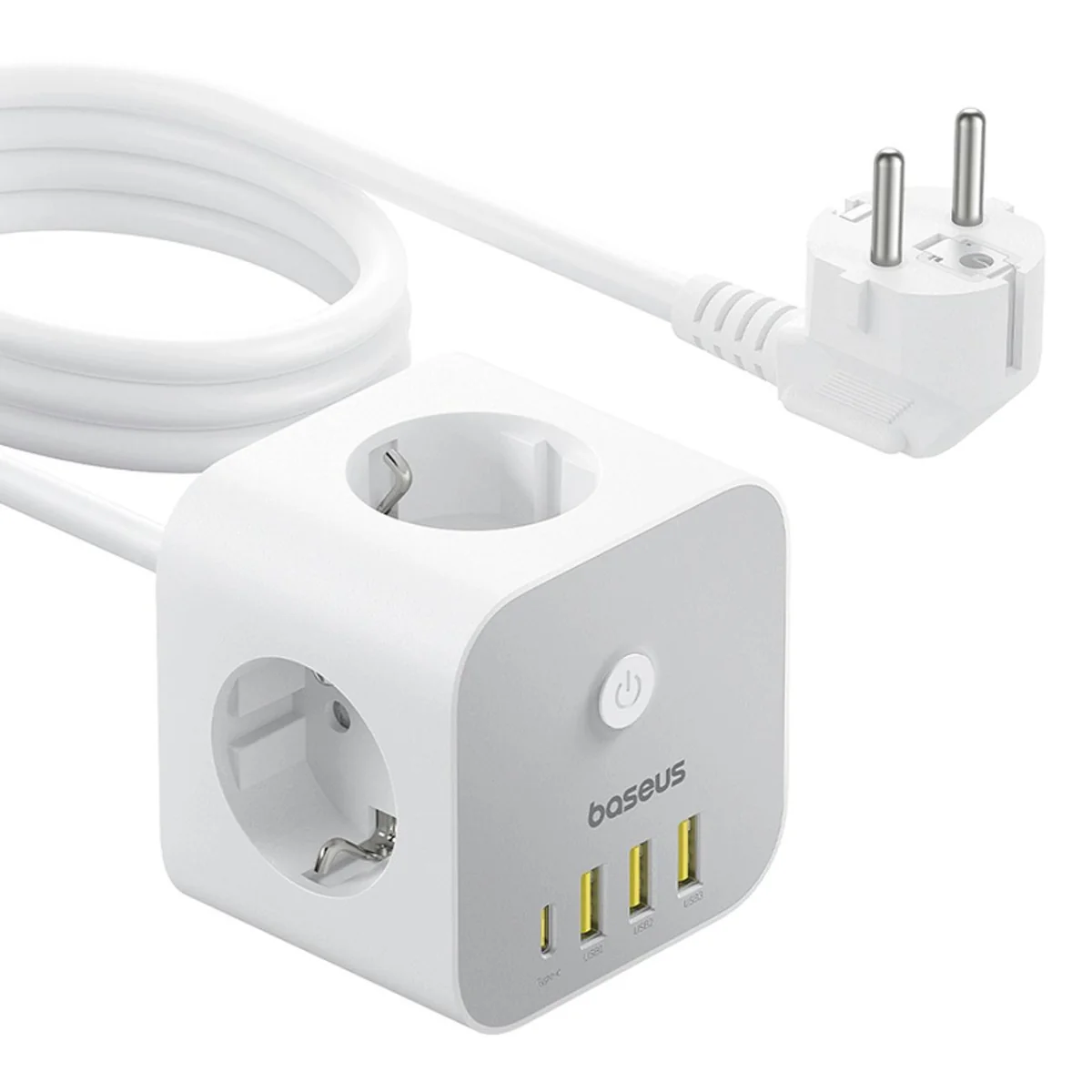 Baseus PowerCombo 7in1 nabíjačka 3x AC / 3x USB / USB-C 20W 1.5 m, bie ly