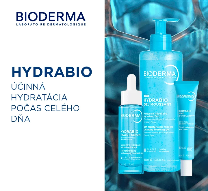Produkty Bioderma Hydrabio na hydratáciu pleti vedľa tváre ženy. Produkty Bioderma Hydrabio na hydratáciu pleti vedľa tváre ženy.