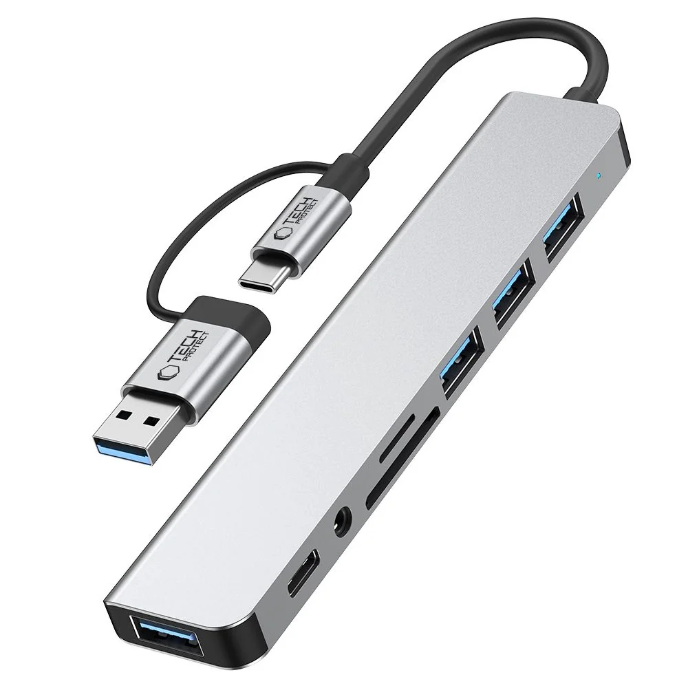 Tech-Protect HB06 HUB adaptér USB-C + USB - 4x USB / USB-C / SD / TF / AV 3.5, šedý AV 3.5, šedý