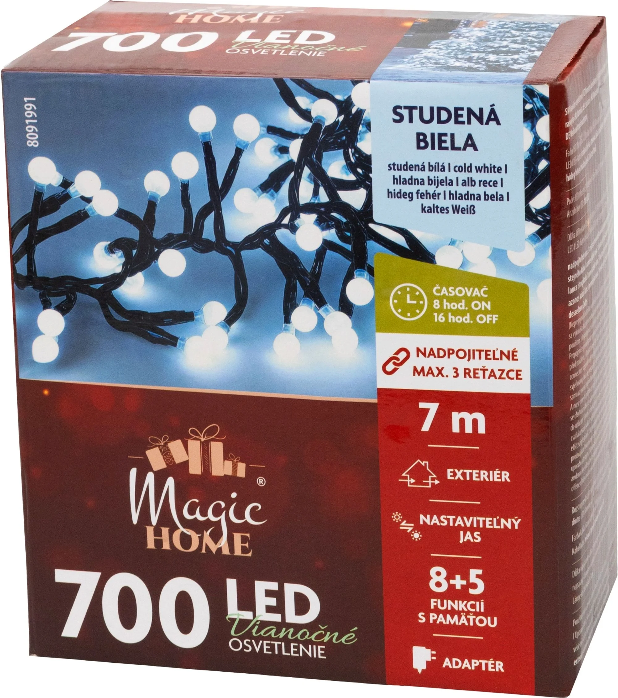 MagicHome vianočná LED reťaz, 1 ks Časovač, 700 LED, studená biela, 8 funkcií, 7 m, IP44