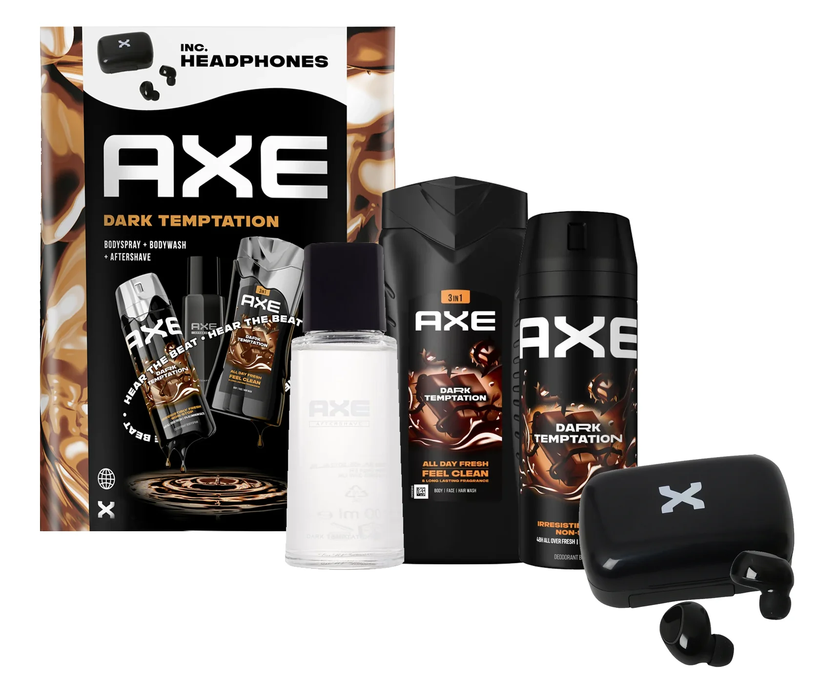 AXE darčeková kazeta Dark Temptation (AXE sprchový gél Dark Temptation 250ml + AXE deodorant v spreji Dark Temptation 150ml + AXE voda po holení Dark Temptation 100ml + držiak na mobil)