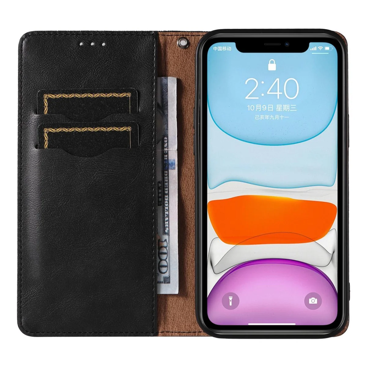 MG Magnet Strap knižkové kožené puzdro na iPhone 12, čierne