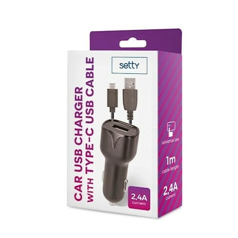 SETTY USB autonabíjačka 2,4A Type-C 1m kábel (GSM043809) čierna