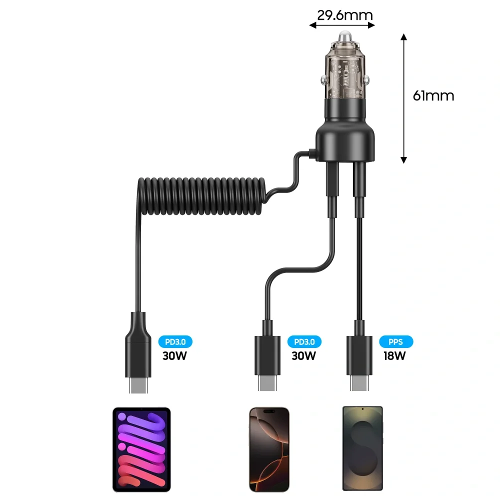 Tech-Protect CC05 autonabíjačka USB / USB-C 60W PD + kábel USB-C, čierna na