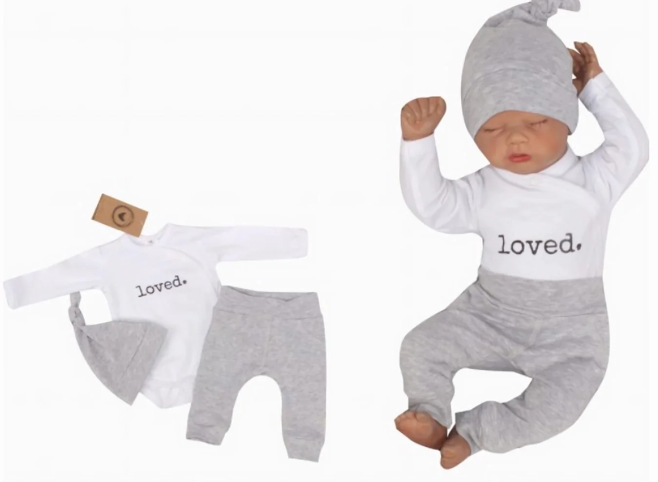 3-dielna súpravička body, tepláčky a čiapočka Loved - bielo/sivá, veľ. 56