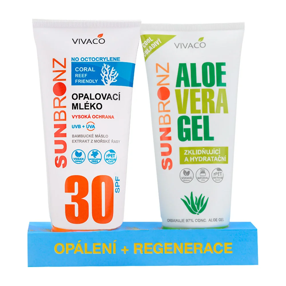 VIVACO DUOPACK Opaľovacie MLIEKO SPF30 bez octocrylenu CORAL FRIENDLY + Aloe vera gél ZADARMO 2×200 ml