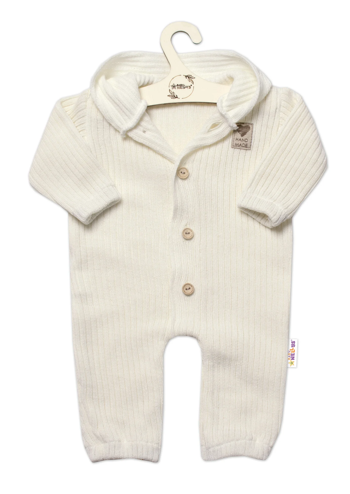 Baby Nellys Pletený overálok s kapucňou a gombíkmi Hand Made, ecru, veľ. 68/74 